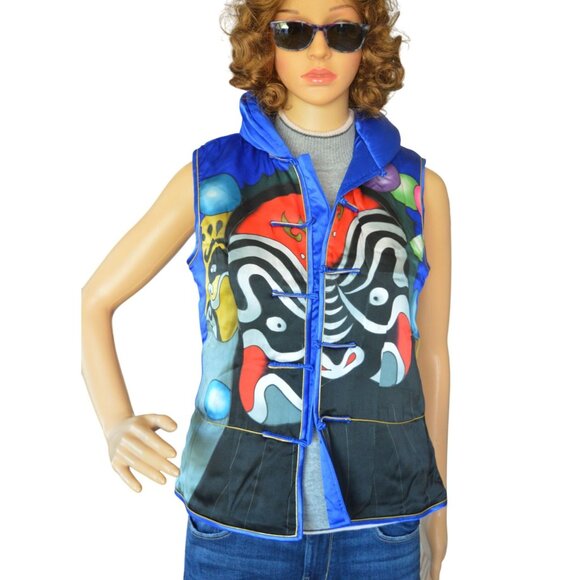 NWT Vintage 90s Hand Painted Mask Art 100% Silk Chinese Vest Womens Size Medium - Picture 1 of 5